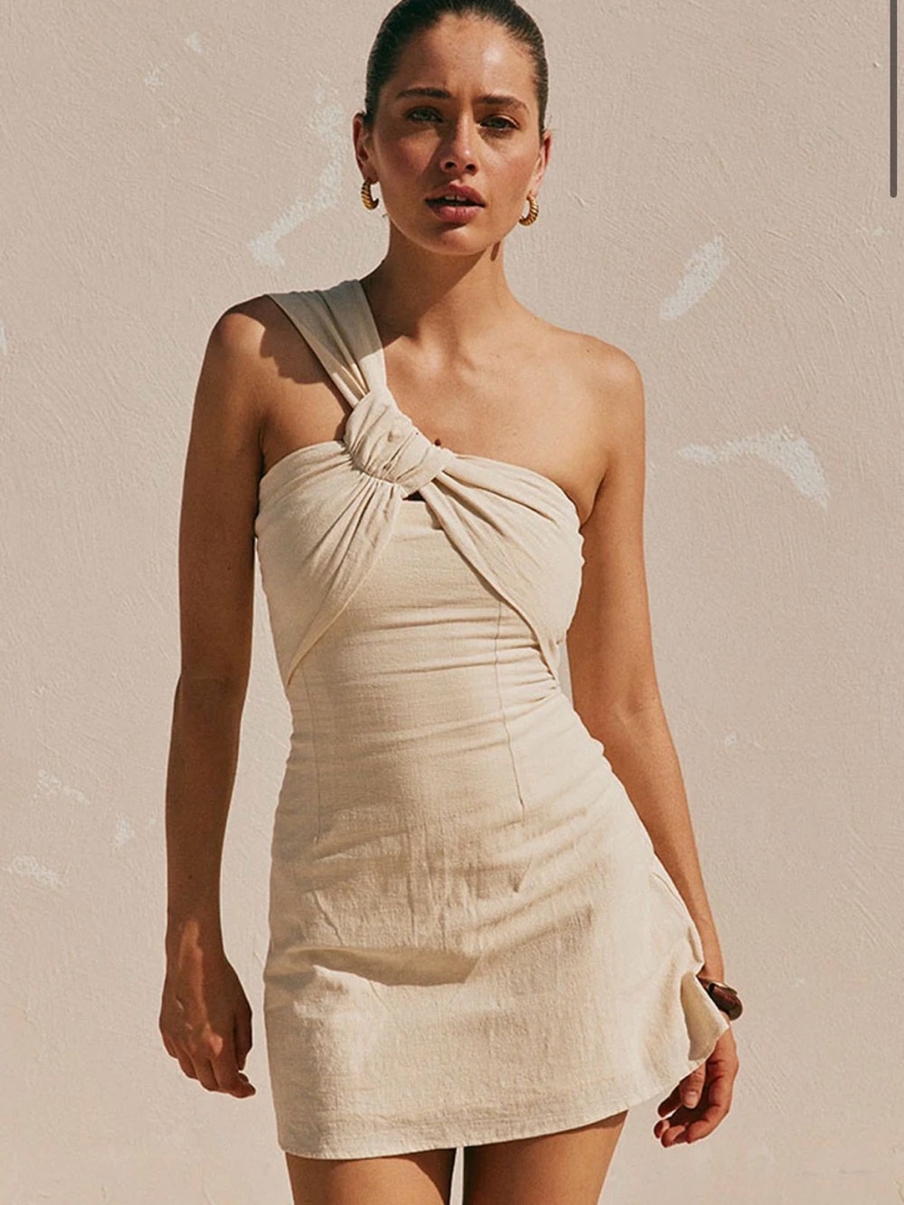 One-Shoulder Cream Knot-Detail Mini Dress